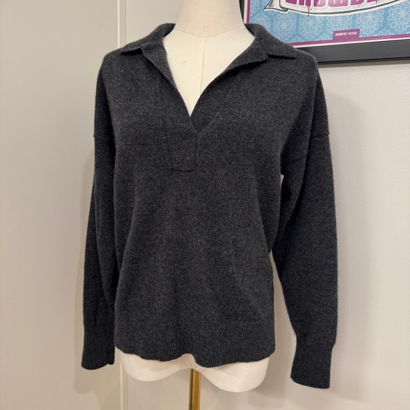 Quince Sweaters - Quince Mongolian Cashmere Polo Sweater Charcoal Grey V-Neck Womens Medium